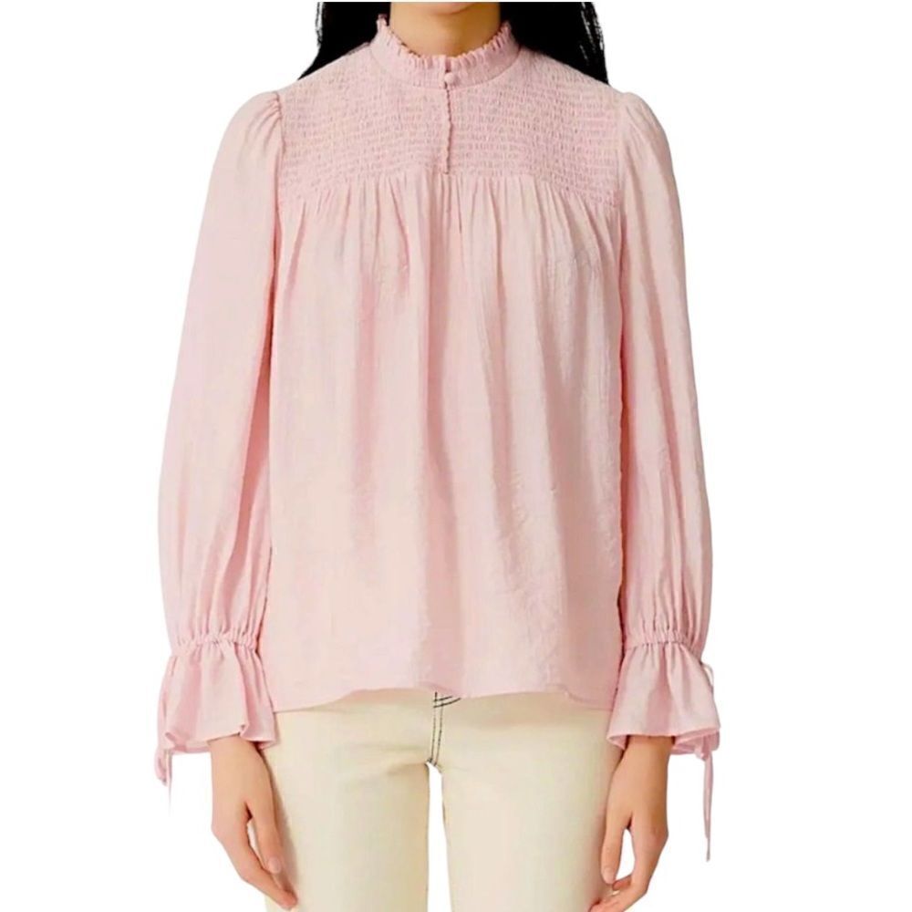 MAJE Women’s Smocked Detail Statement Sleeve Peasant Blouse Pink Size 1/Small